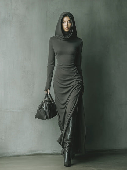 Dark Grey High Elastic Knitted Hooded Maxi Dress