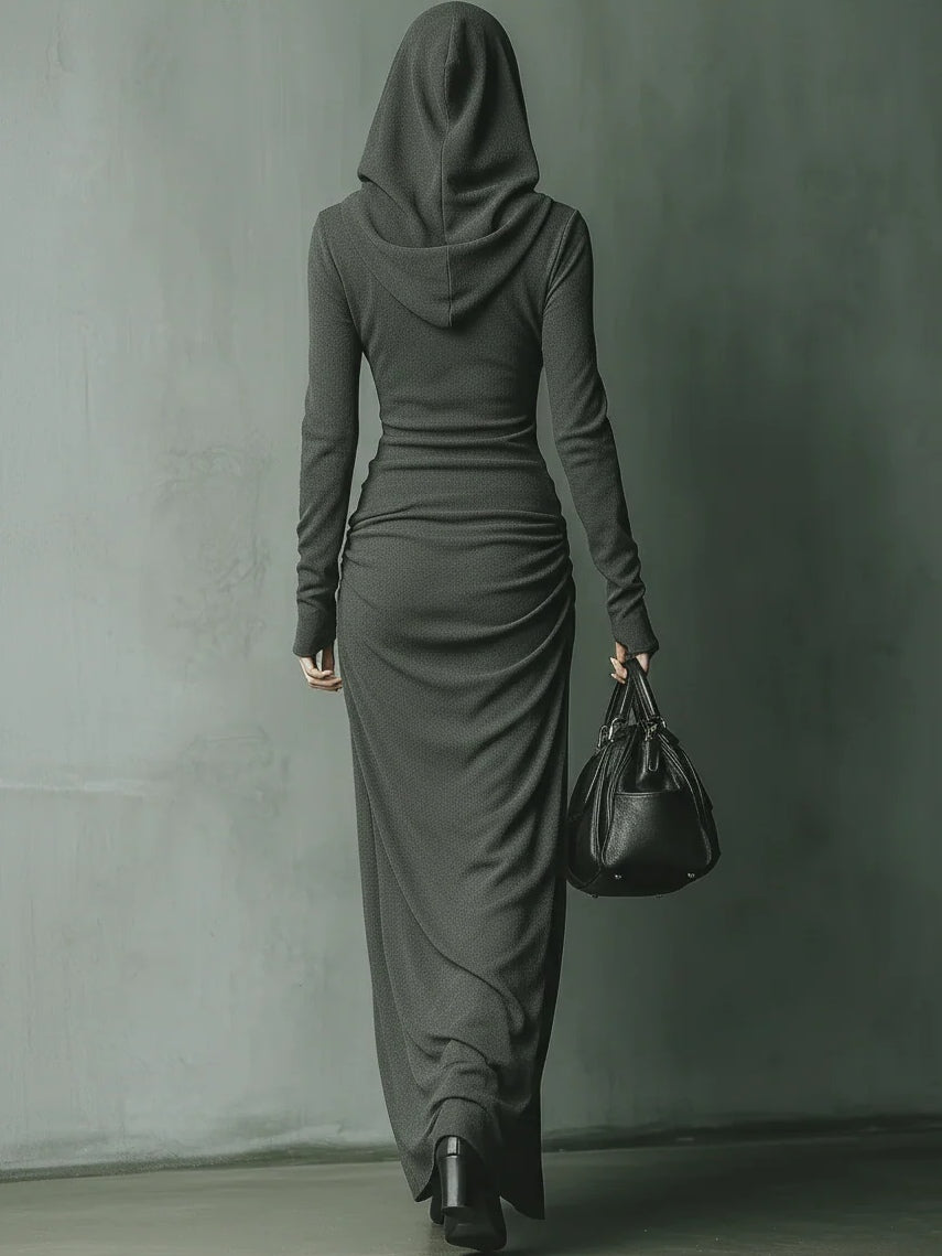 Dark Grey High Elastic Knitted Hooded Maxi Dress