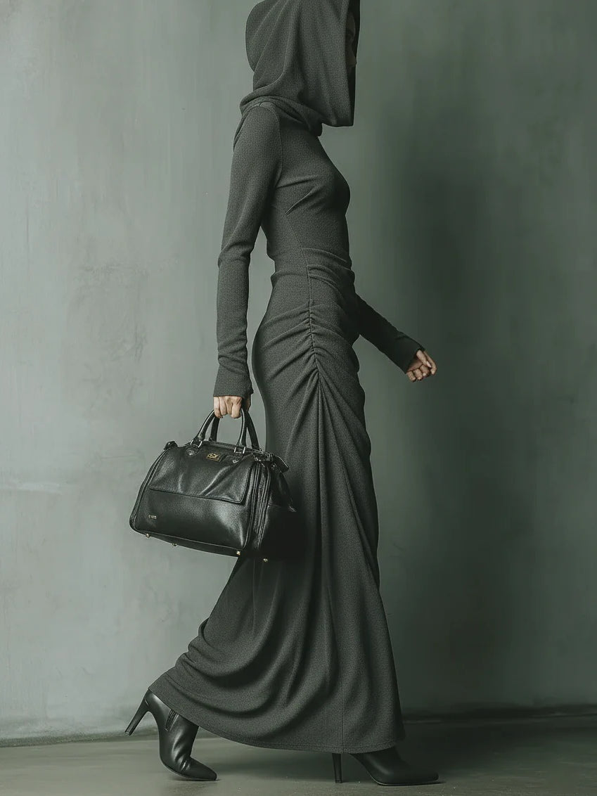 Dark Grey High Elastic Knitted Hooded Maxi Dress