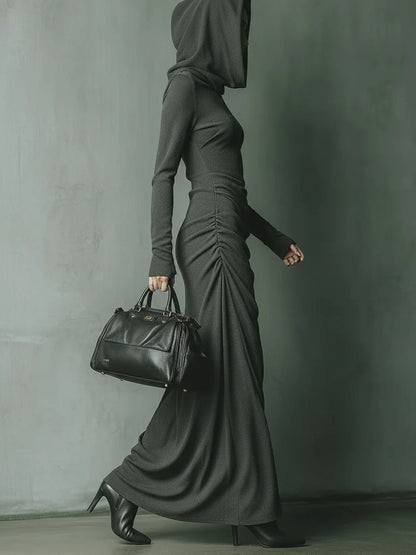 Dark Grey High Elastic Knitted Hooded Maxi Dress