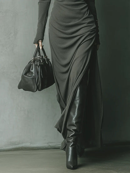 Dark Grey High Elastic Knitted Hooded Maxi Dress