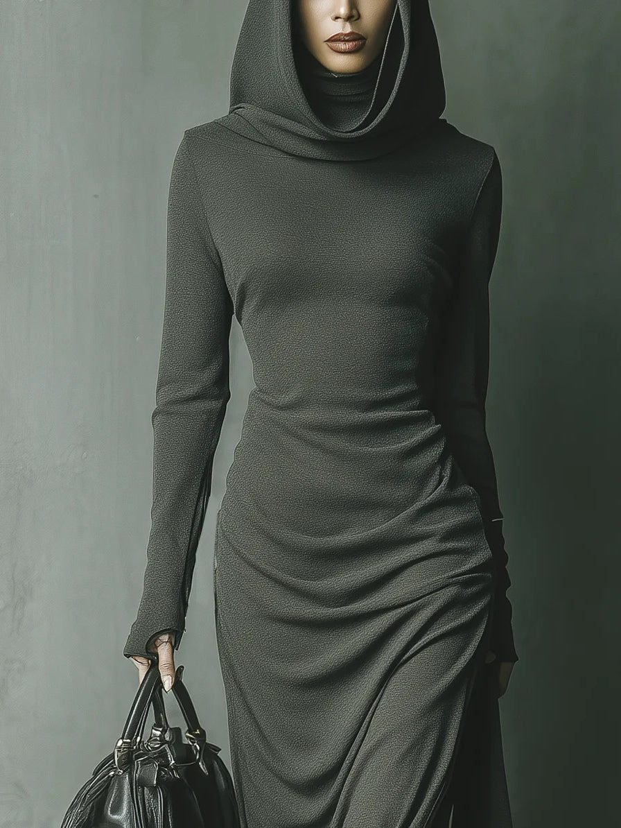 Dark Grey High Elastic Knitted Hooded Maxi Dress