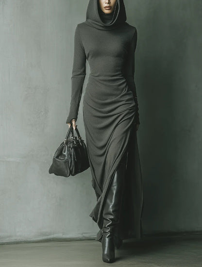 Dark Grey High Elastic Knitted Hooded Maxi Dress