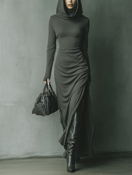 Dark Grey High Elastic Knitted Hooded Maxi Dress