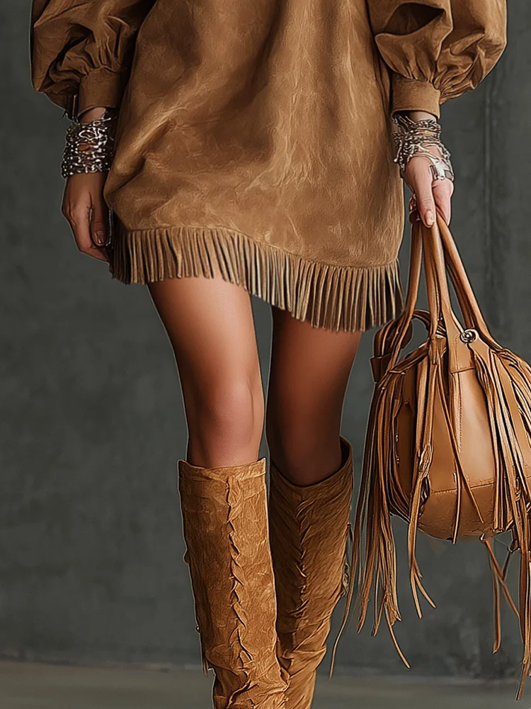 Vintage Brown Suede Fringed Puff Sleeve Mini Dress