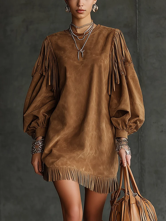 Vintage Brown Suede Fringed Puff Sleeve Mini Dress