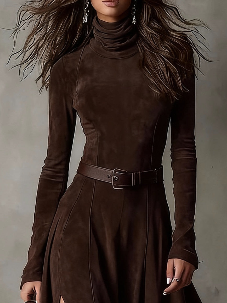 Dark Brown Faux Suede Turtleneck Long Sleeve Slit Maxi Dress（Including belt）
