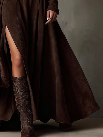 Dark Brown Faux Suede Turtleneck Long Sleeve Slit Maxi Dress（Including belt）
