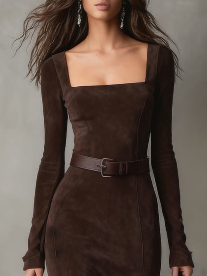 Elegant Dark Brown Faux Suede Square Neck Maxi Dress（Including belt）