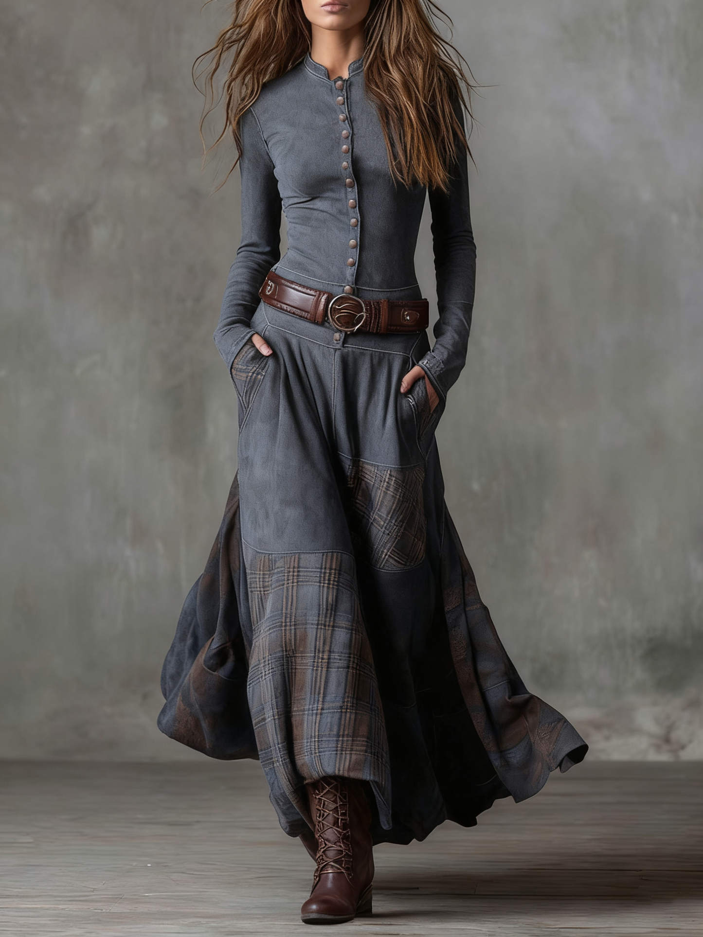 Navy Plaid Paneled Vintage Suede Maxi Dress(with belt)