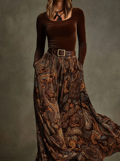 Vintage Stretch Velvet Top and Paisley Print Maxi Skirt Set(with belt)