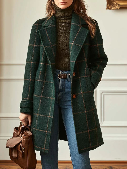 Vintage Green Plaid Lapel Mid-Length Jacket Coat