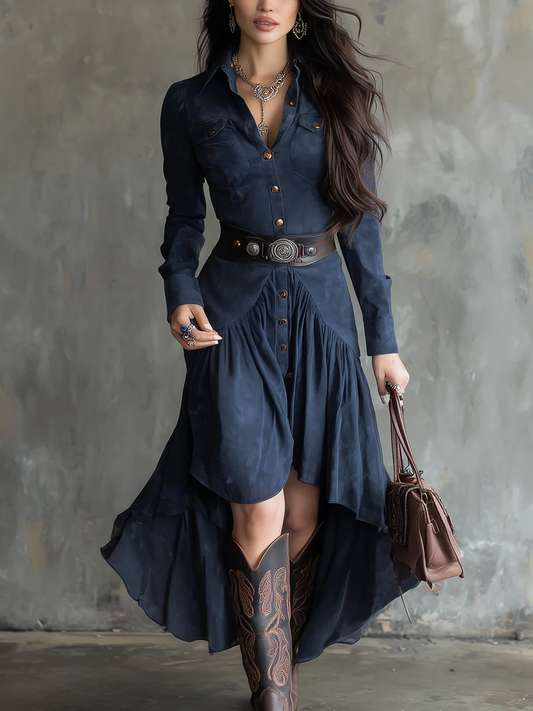 Retro Blue Lapel Button Pocket Irregular Flowy Midi Dress（With belt）