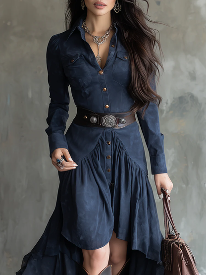Retro Blue Lapel Button Pocket Irregular Flowy Midi Dress（With belt）
