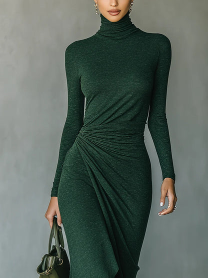 Dark Green Turtleneck Pleated Irregular Wrap Midi Dress