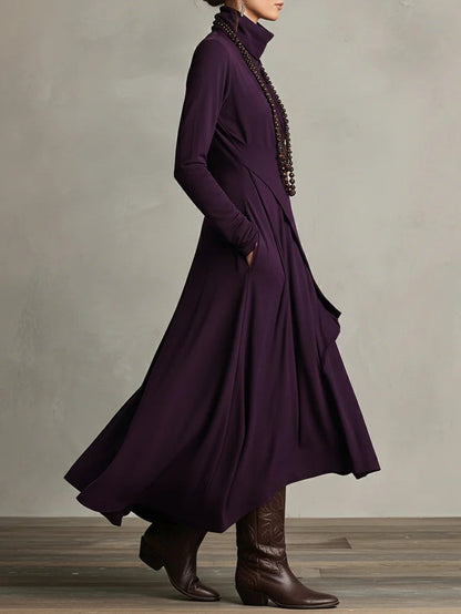 Purple High-neck Asymmetrical Pleated Maxi Dress（Necklace not included）