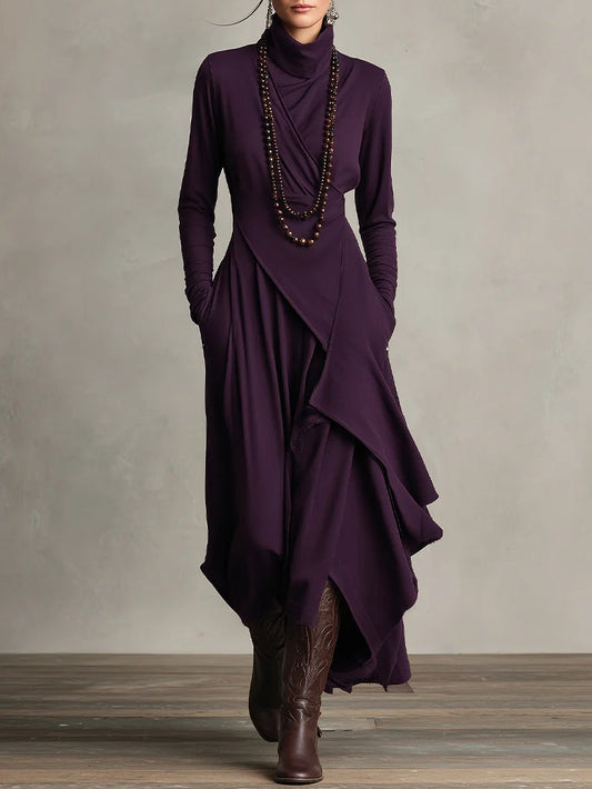 Purple High-neck Asymmetrical Pleated Maxi Dress（Necklace not included）