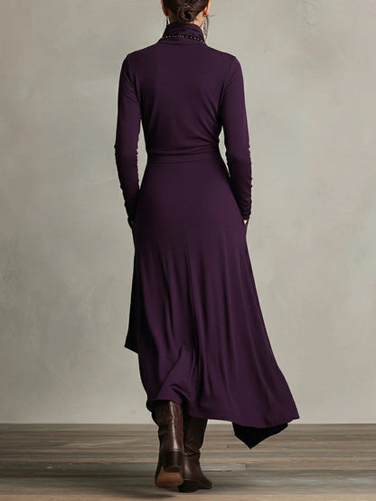 Purple High-neck Asymmetrical Pleated Maxi Dress（Necklace not included）