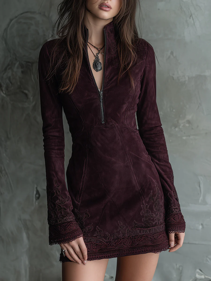 Dark Purple Vintage Faux Suede Embroidered Lace Mini Dress