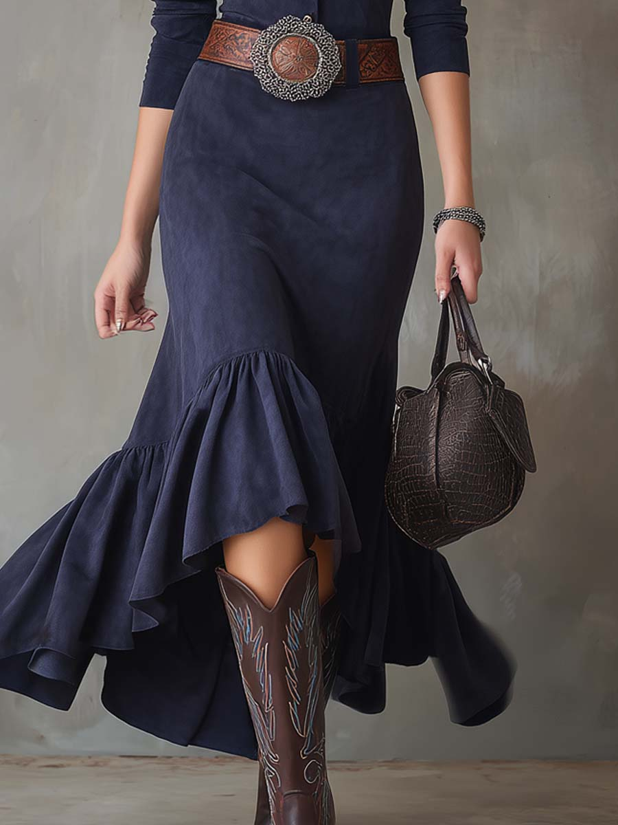 Navy Blue Stand-up Collar Button High-low Hem Maxi Dress(with belt)