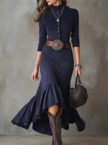 Navy Blue Stand-up Collar Button High-low Hem Maxi Dress(with belt)