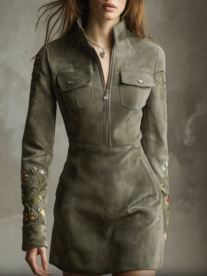Green Embroidered Faux Suede Half-zip Mini Dress