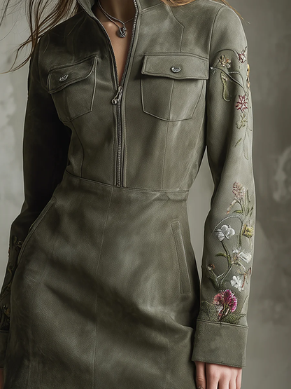 Green Embroidered Faux Suede Half-zip Mini Dress