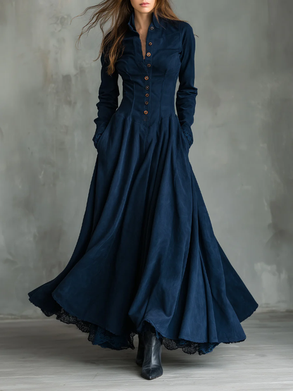 Gothic Dark Blue Faux Suede Lace-trimmed Shirt Collar Maxi Dress