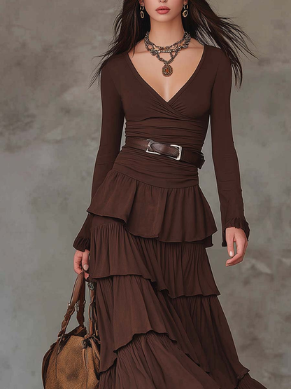 Brown Retro V-neck Multi-layered Ruffled Maxi Dress（With belt）