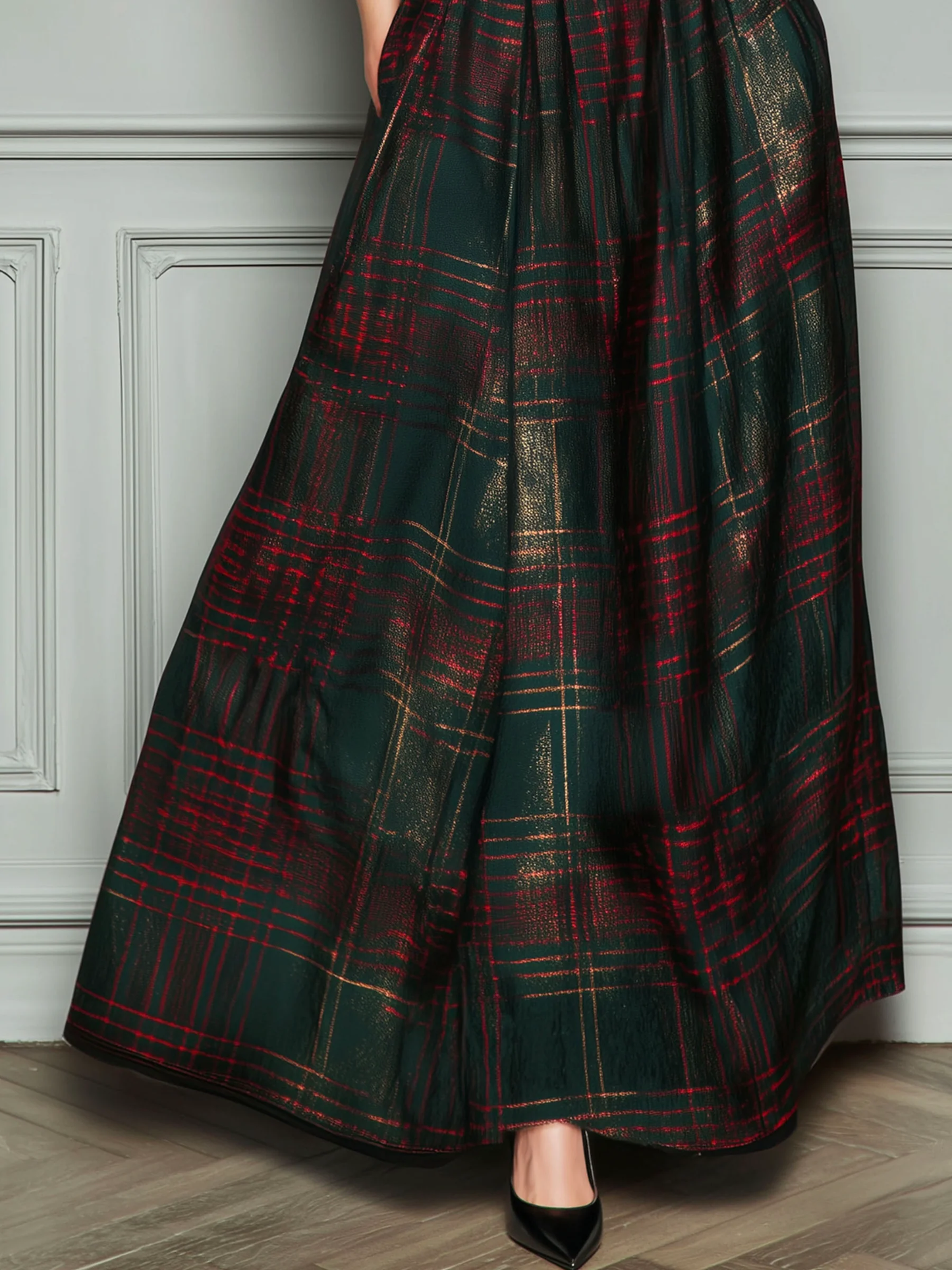 Black V-neck Velvet Green Plaid Patchwork Maxi Dress