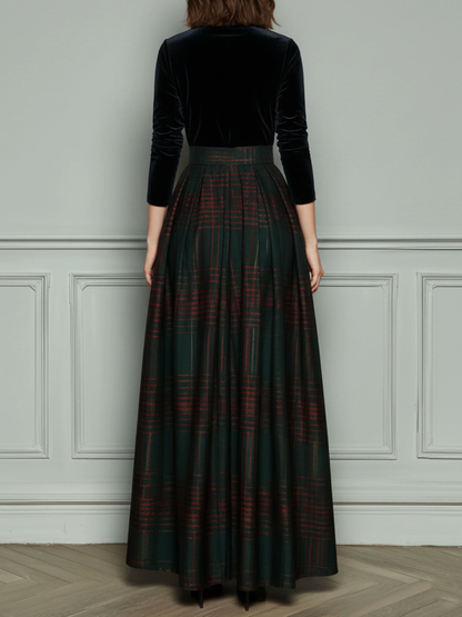 Black V-neck Velvet Green Plaid Patchwork Maxi Dress