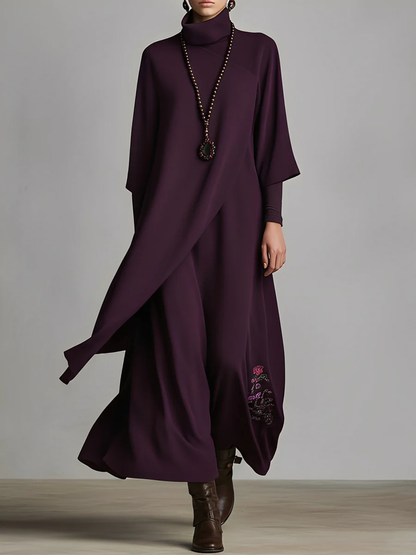 Dark Purple High-neck Embroidered Asymmetrical Pleated Maxi Dress