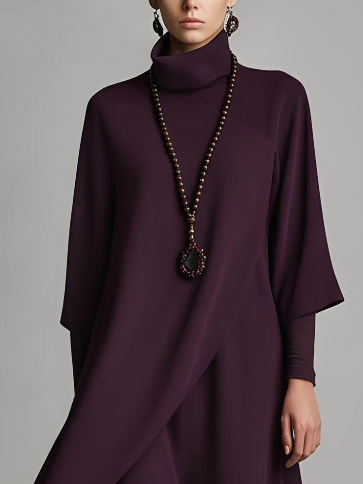 Dark Purple High-neck Embroidered Asymmetrical Pleated Maxi Dress