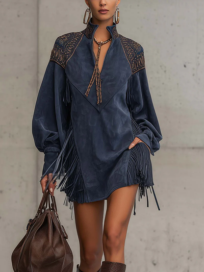 Indigo Faux Suede Embroidered Tassel Stand-up Collar Mini Dress