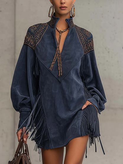 Indigo Faux Suede Embroidered Tassel Stand-up Collar Mini Dress