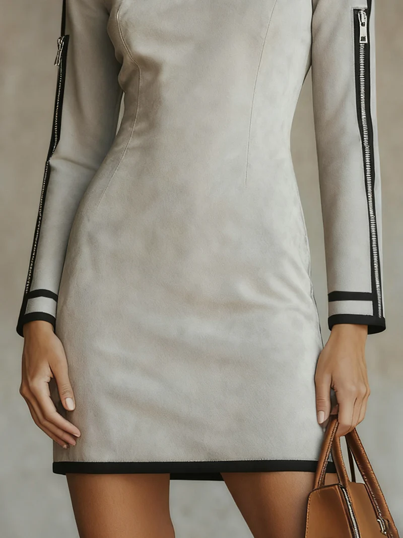 Light Gray Faux Suede High-neck Zip-up Mini Dress