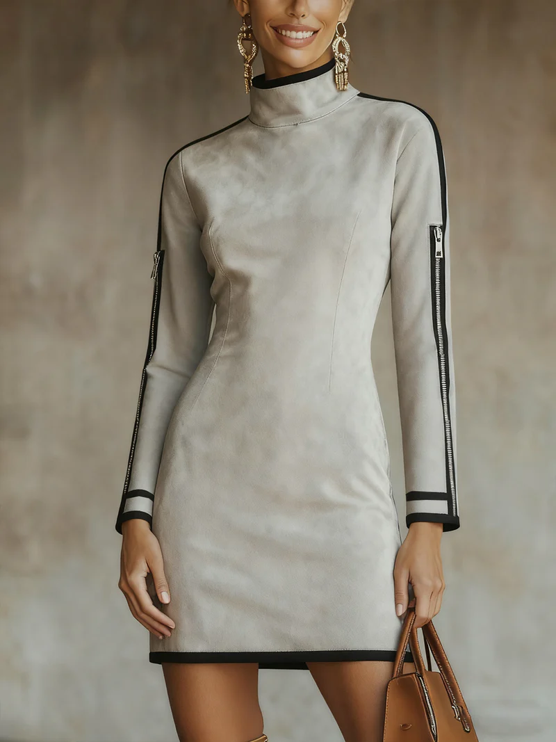 Light Gray Faux Suede High-neck Zip-up Mini Dress