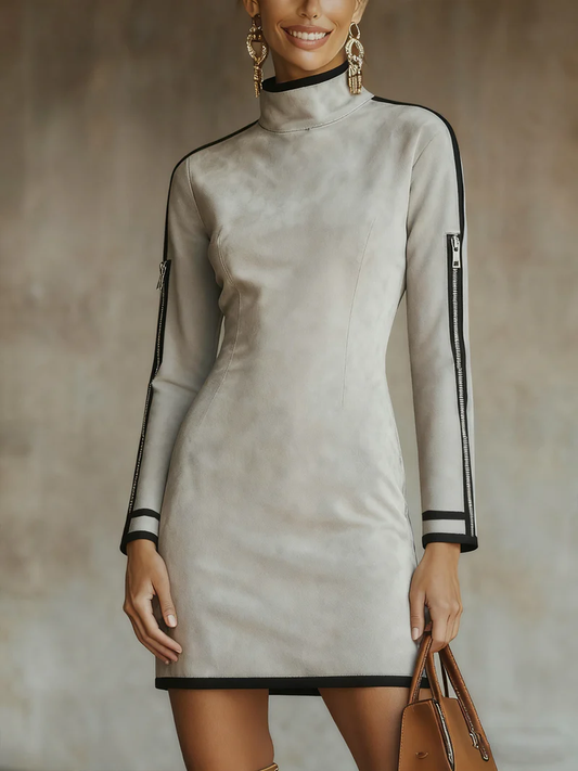 Light Gray Faux Suede High-neck Zip-up Mini Dress