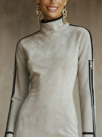 Light Gray Faux Suede High-neck Zip-up Mini Dress