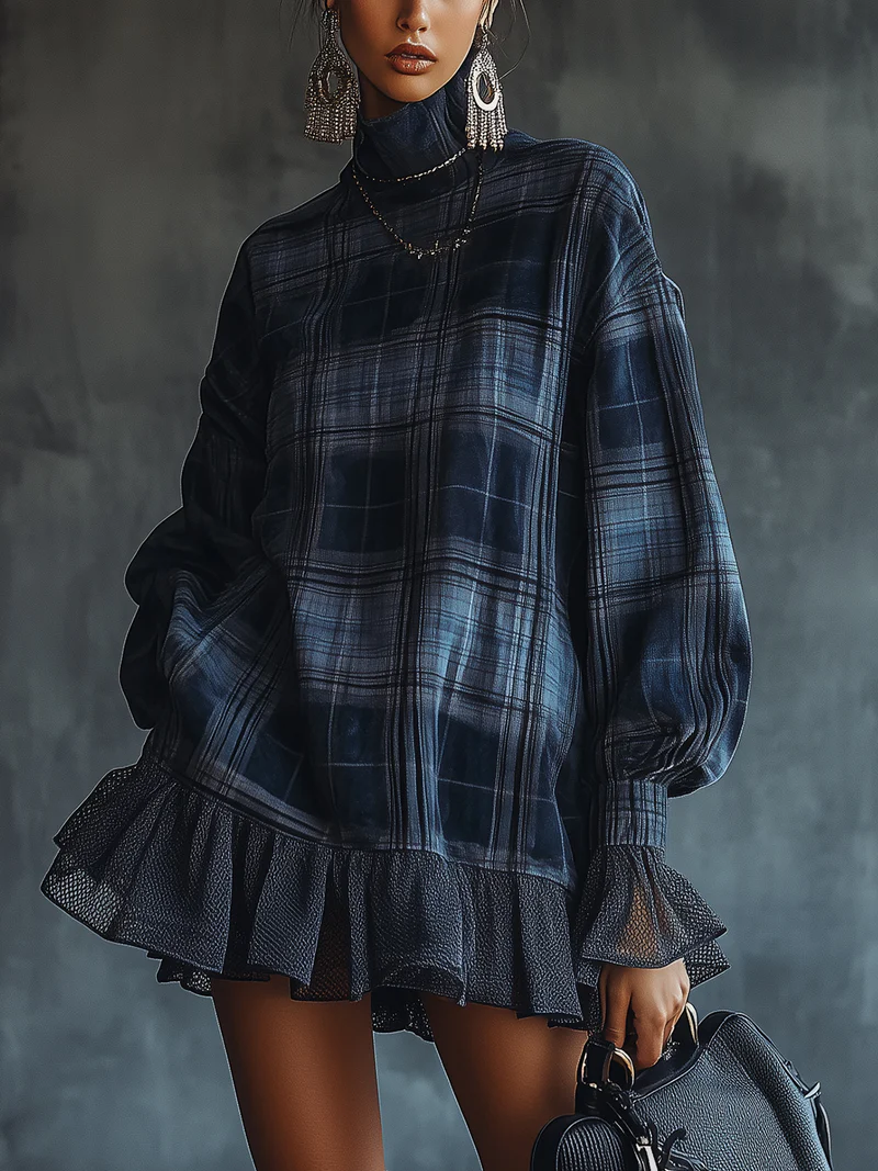 Blue Plaid Turtleneck Mesh Ruffle Mini Dress