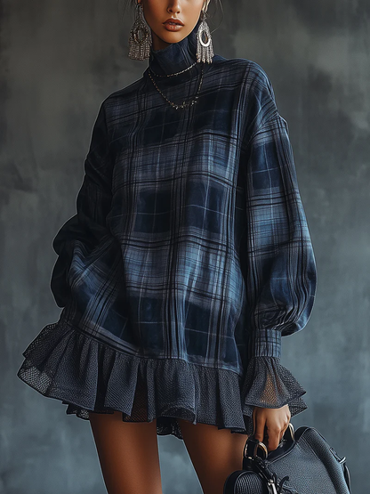 Blue Plaid Turtleneck Mesh Ruffle Mini Dress