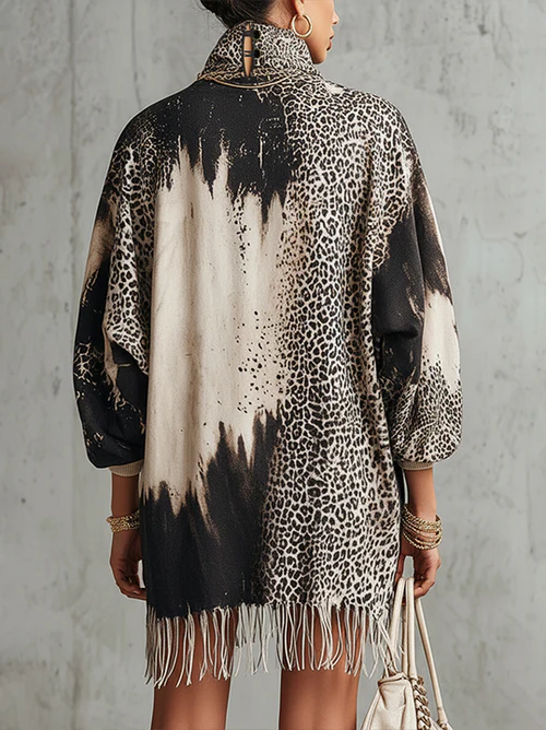 Leopard Print Tie-dye Print High Neck Fringed Hem Mini Dress