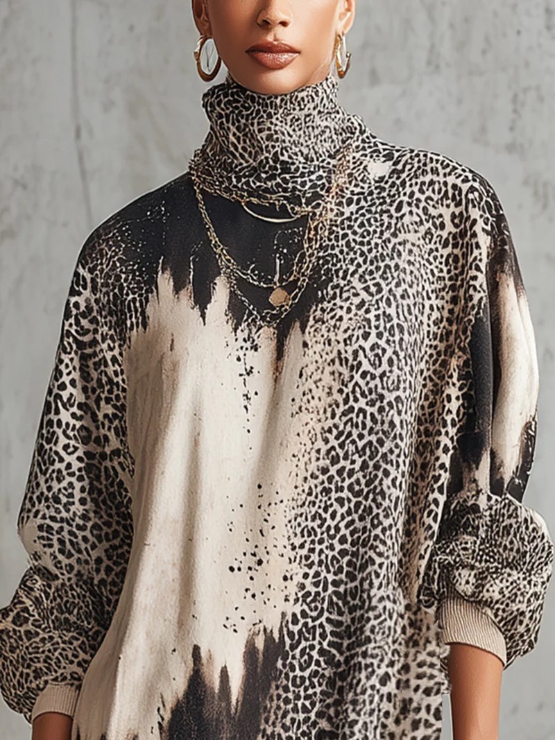 Leopard Print Tie-dye Print High Neck Fringed Hem Mini Dress