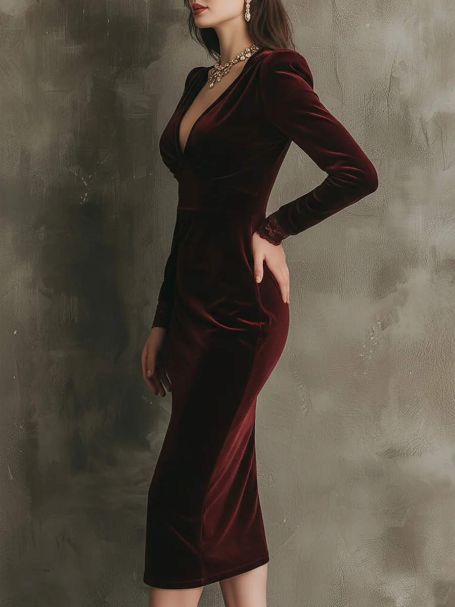 Quietly Luxurious And Elegant Lace Velvet Midi Dress