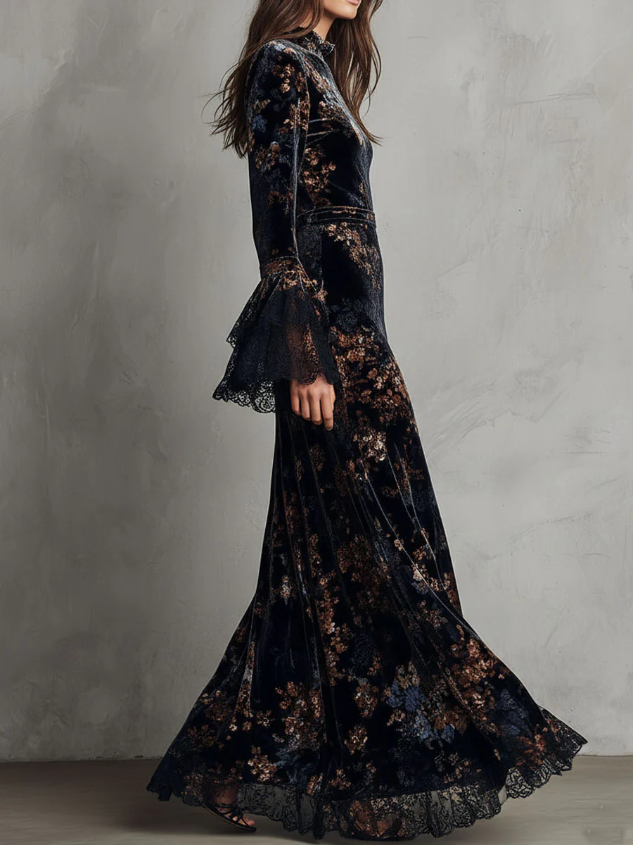 Black and Blue Floral Velvet Lace Trim Bell Sleeves Flowing Maxi Dress