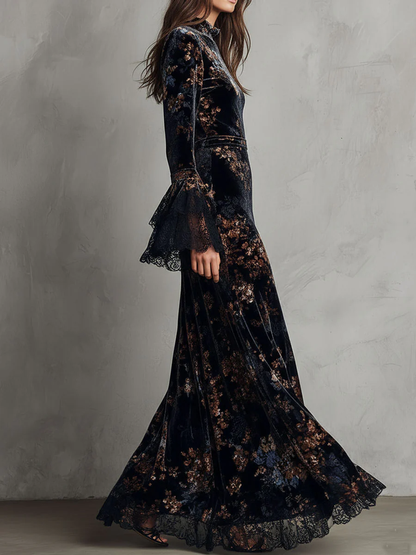 Black and Blue Floral Velvet Lace Trim Bell Sleeves Flowing Maxi Dress