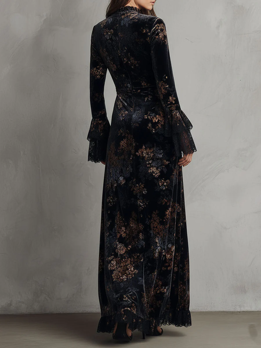 Black and Blue Floral Velvet Lace Trim Bell Sleeves Flowing Maxi Dress
