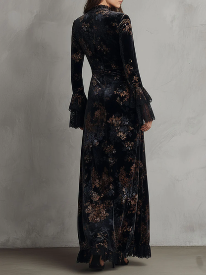 Black and Blue Floral Velvet Lace Trim Bell Sleeves Flowing Maxi Dress