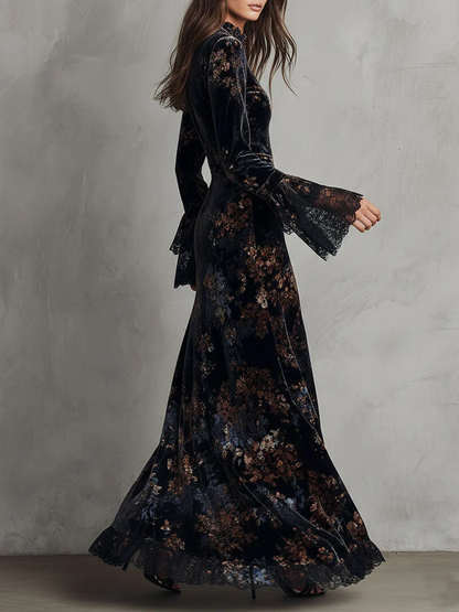 Black and Blue Floral Velvet Lace Trim Bell Sleeves Flowing Maxi Dress