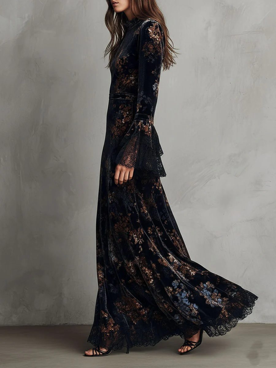 Black and Blue Floral Velvet Lace Trim Bell Sleeves Flowing Maxi Dress